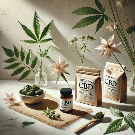Productos ecológicos de CBD en envases sostenibles, destacando pureza y elegancia. Flores de CBD orgánicas junto a hojas verdes y luz natural, resaltando calidad y compromiso ambiental.