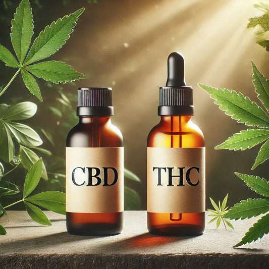 Frascos de CBD y THC sobre una piedra con fondo de hojas verdes, destacando las diferencias entre ambos compuestos en un entorno natural.