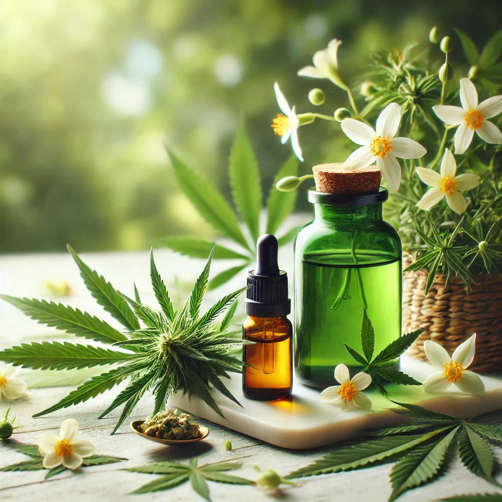 Frasco de aceite de CBD rodeado de flores de cáñamo frescas y hojas verdes, con un fondo natural iluminado suavemente, representando pureza y beneficios del cáñamo para el bienestar