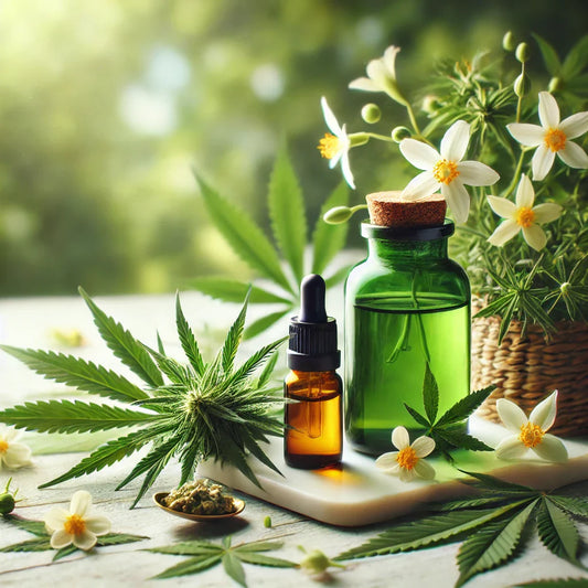 Frasco de aceite de CBD rodeado de flores de cáñamo frescas y hojas verdes, con un fondo natural iluminado suavemente, representando pureza y beneficios del cáñamo para el bienestar