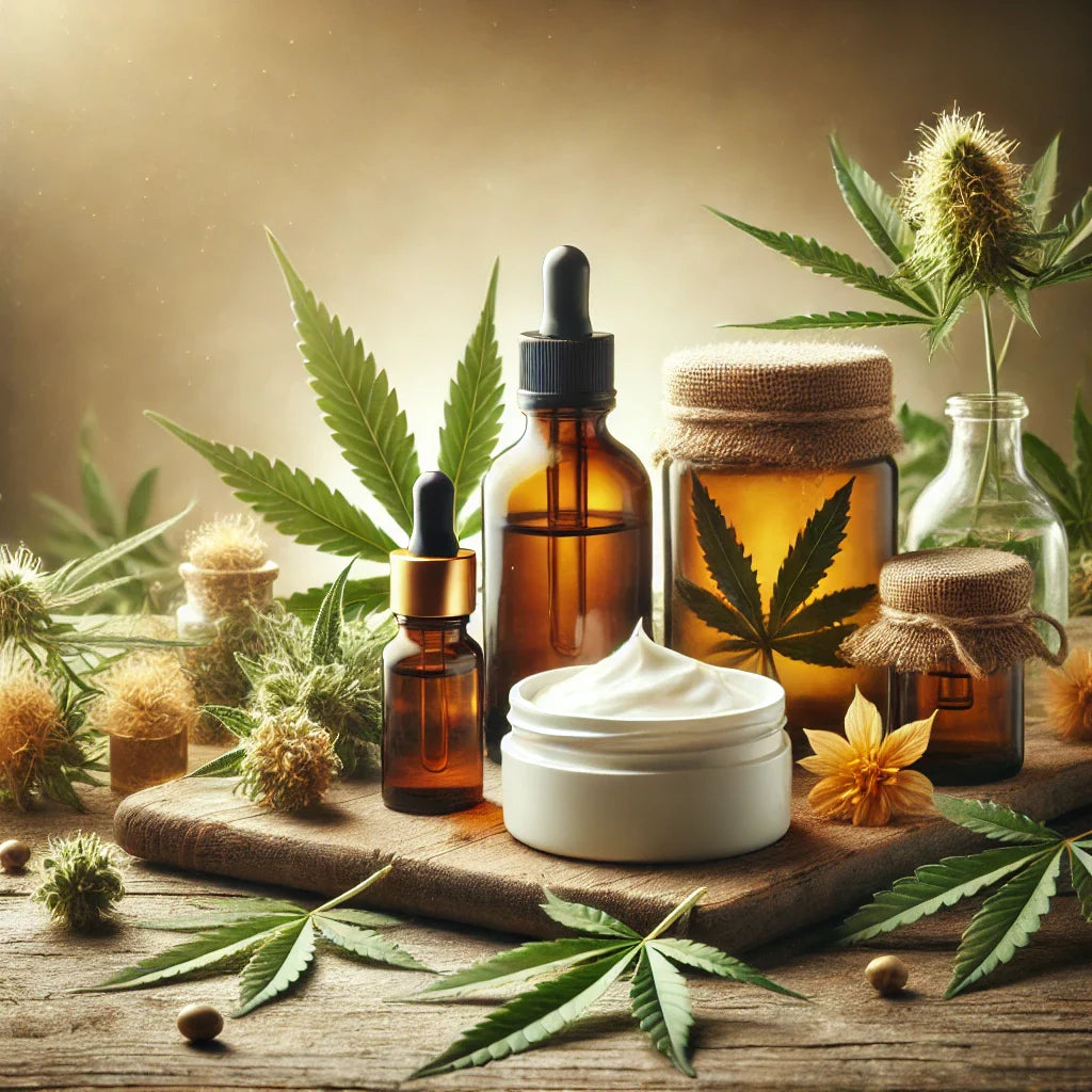 Surtido de productos CBD naturales en frascos ámbar y cremas, variedad para probar aceites, cremas y flores de cáñamo con garantía de calidad y análisis de laboratorio