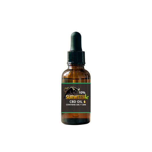 ACEITE CBD 10%  , SurWeed, botella de 10ml, natural, con CBN y CBC, ideal para estrés leve y relajación diaria.